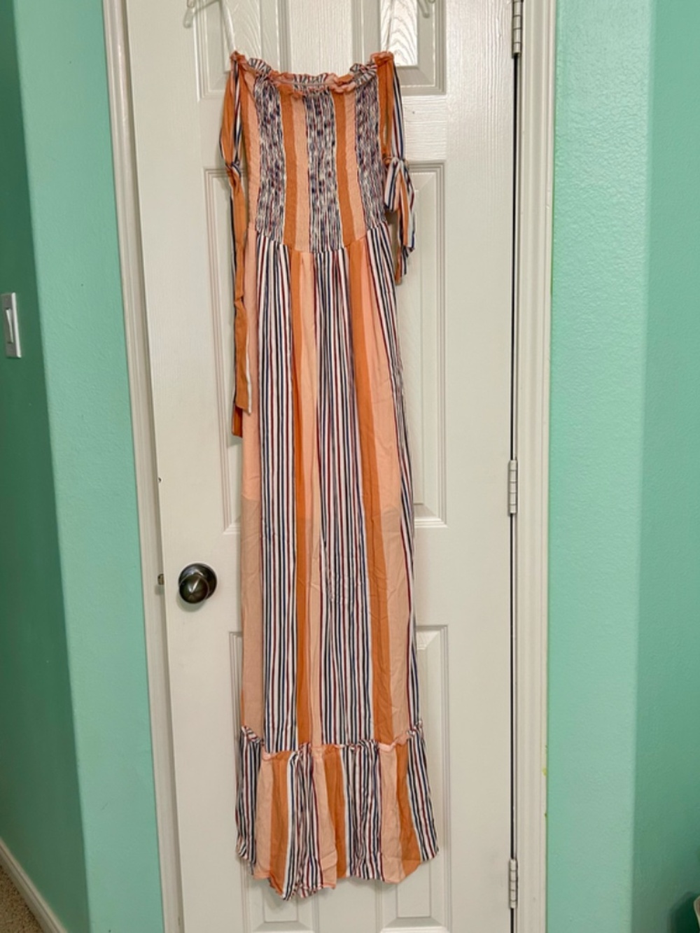 Altar'd State Orange Stripe Maxi Dress Gauzy Smocked Tie Shoulders Ruffle Small - Picture 12 of 12